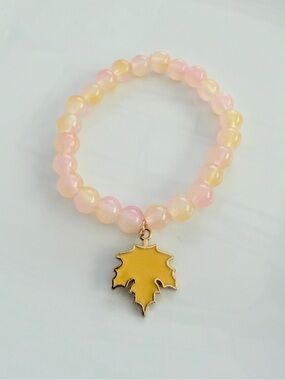 Pastel Pink & Yellow Beaded Bracelet with Gold Leaf Charm Fall Handmade Jewelry